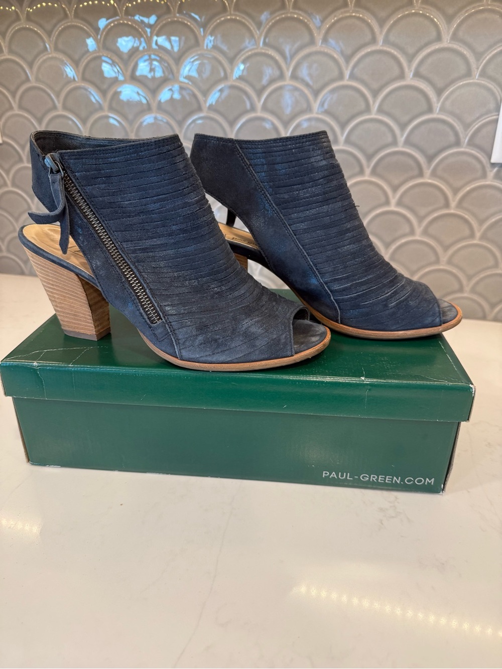 Paul Green Navy Suede Peep-Toe Slingback Heels